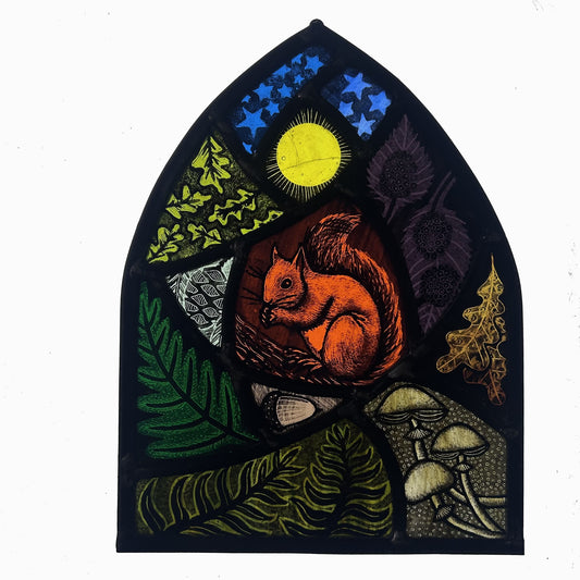 Red Squirrel and Oak Stained Glass Arch, Large