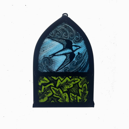 House Martin with Green Leaves Glass Arch, Small