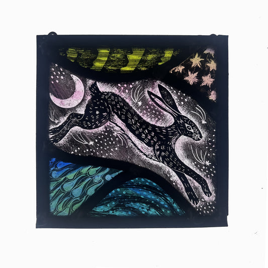 Aurora Inspired Leaping Black Hare , Stained Glass Panel Square, Small