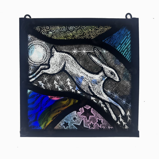 Aurora Inspired Leaping White Hare , Stained Glass Panel Square, Small