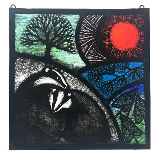 Badgers in Burrow Stained Glass Panel, Medium Square