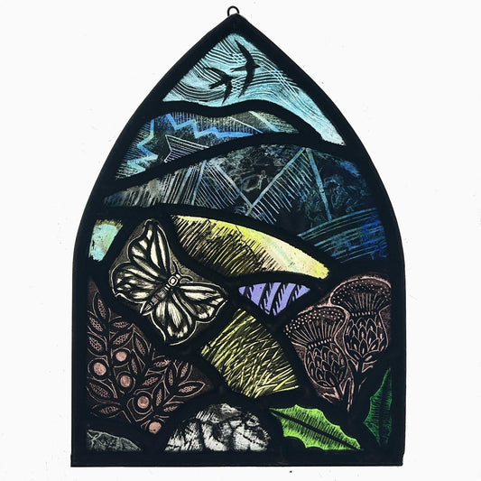 Scottish Mountain Moorland Scene and Butterfly Stained Glass Arch, Large