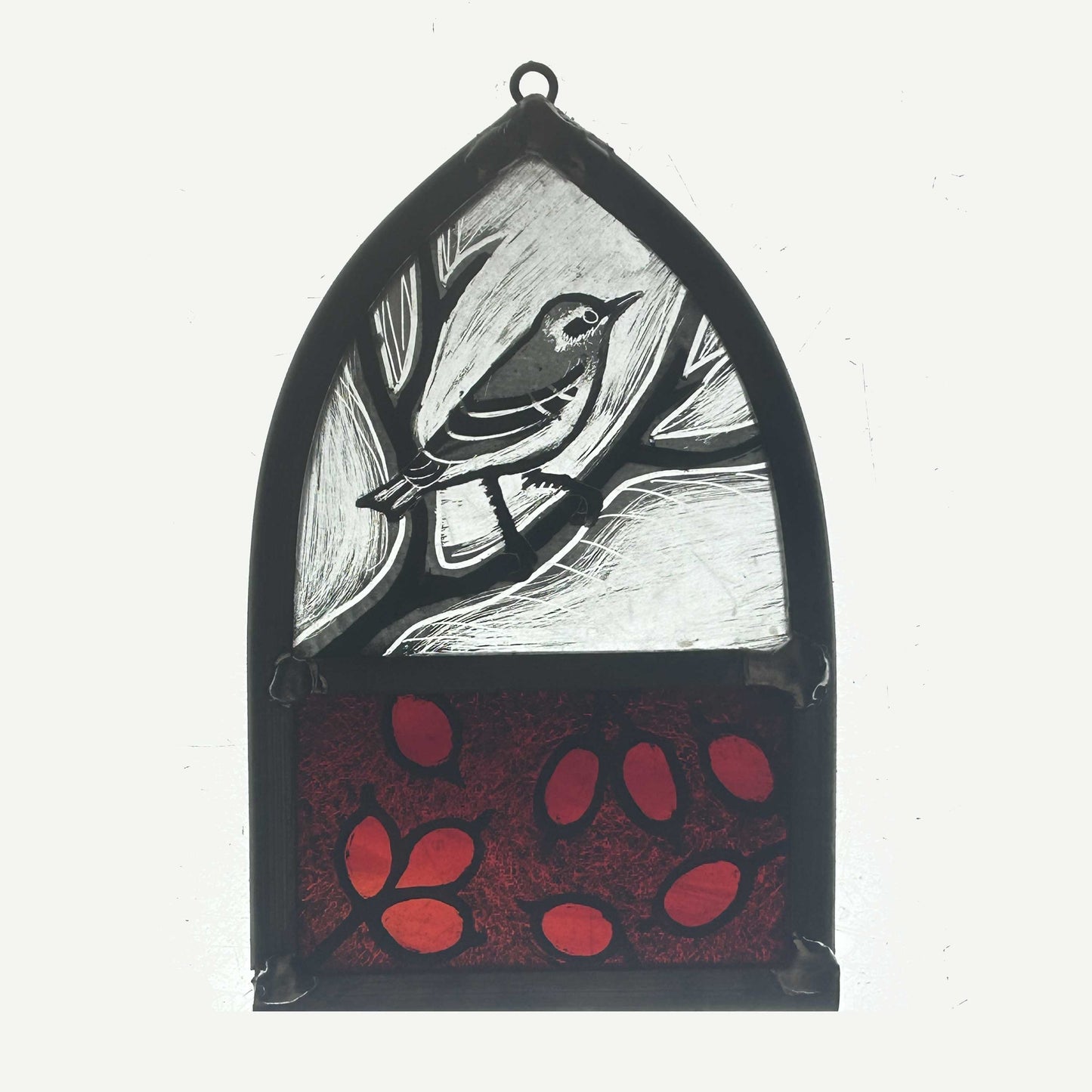 Black-eared Wheatear and Berries Stained Glass Arch, Small