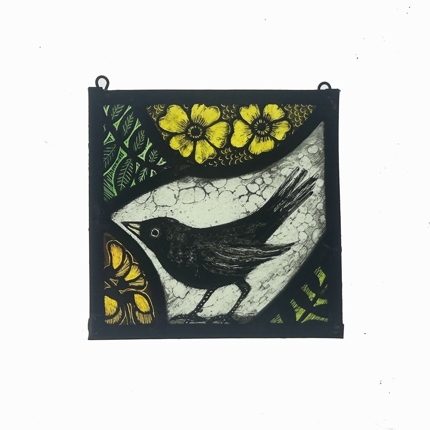 Blackbird and Yellow Buttercups Stained Glass Panel Square