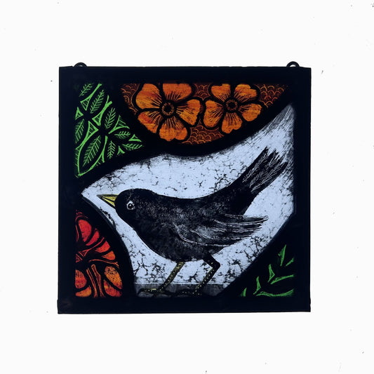 Blackbird and Orange Flowers Stained Glass Panel Square, Small