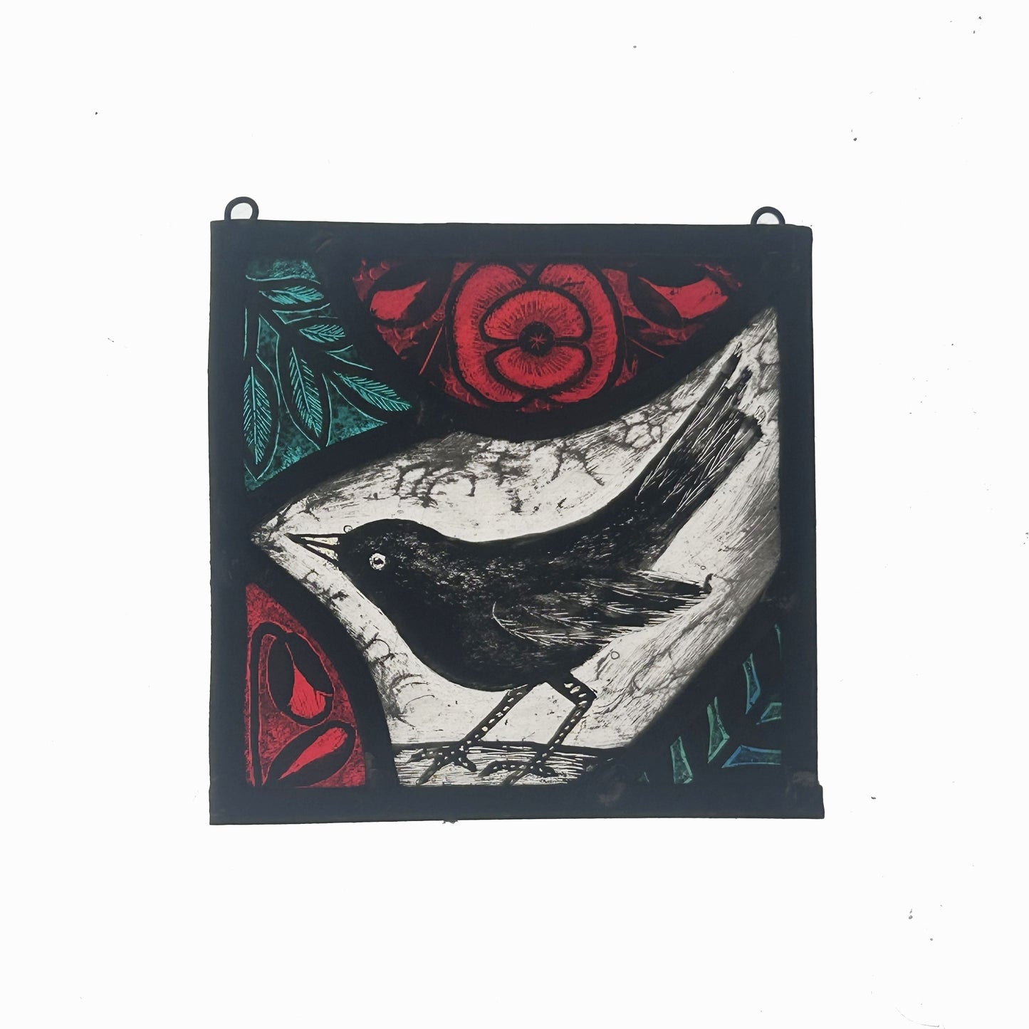 Blackbird and Poppies Stained Glass Panel Square, Small