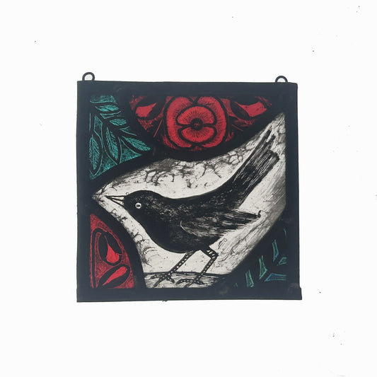 Blackbird and Poppies Stained Glass Panel Square, Small