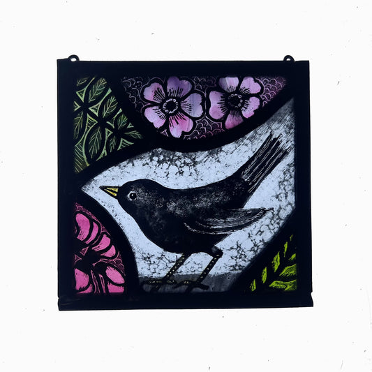Blackbird and Pink Flowers Stained Glass Panel Square, Small