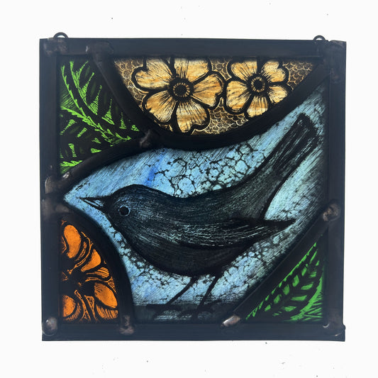 Blackbird and Flowers Stained Glass Panel Square, Small