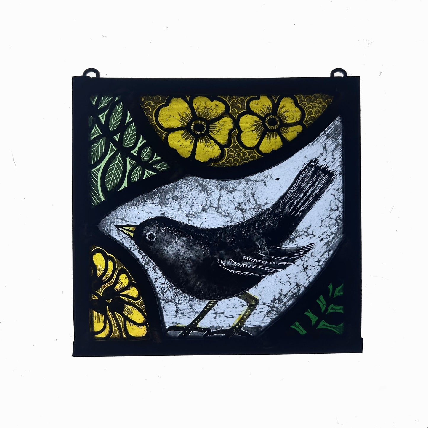 Blackbird and Yellow Flowers Stained Glass Panel Square, Small 2