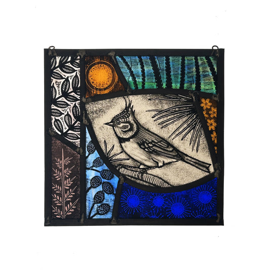 Crested Tit and Honesty Stained Glass Medium Square