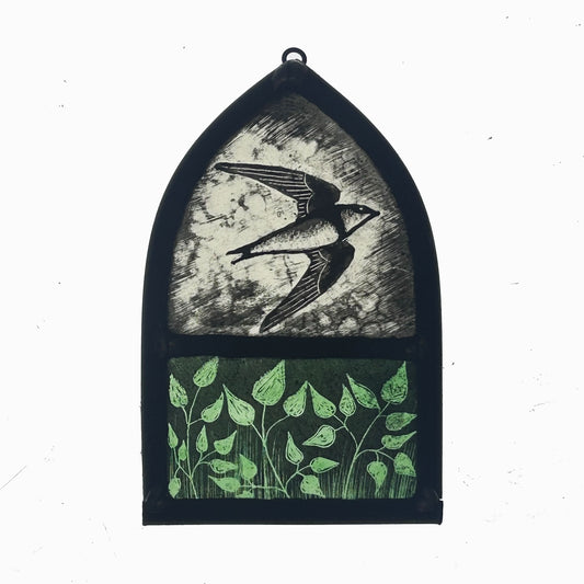 House Martin with Green Leaves Glass Arch, Small
