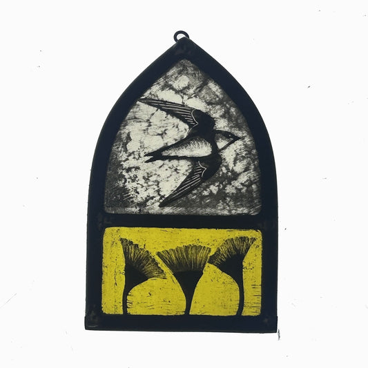 House Martin with Yellow Teasel Flowers Stained Glass Arch, Small