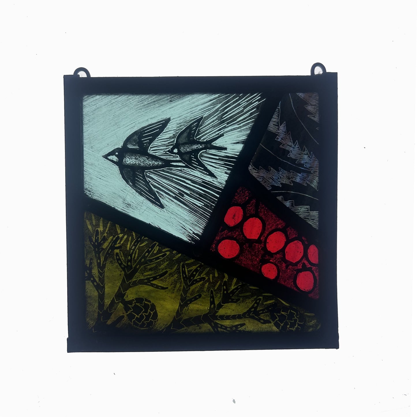 House Martins in flight, berries and Fir, Stained Glass Panel Square, Small