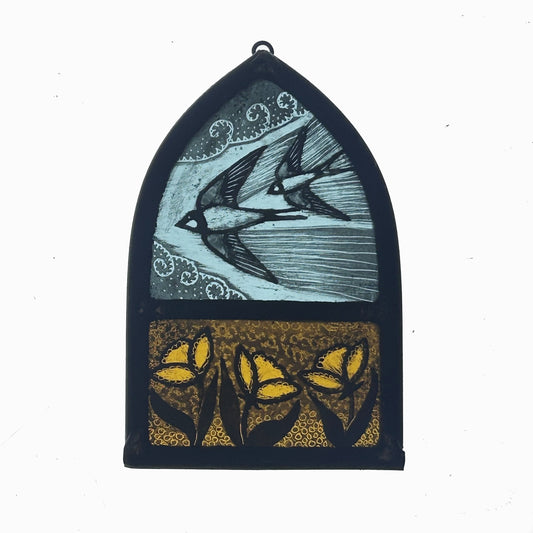 Swallows and Clouds with Buttercups Stained Glass Arch, Small