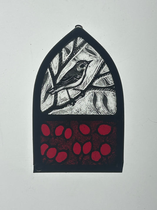 Black-eared Wheatear and Berries Stained Glass Arch, Small