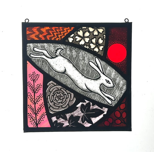 Leaping Hare and sun Stained Glass Square, Medium