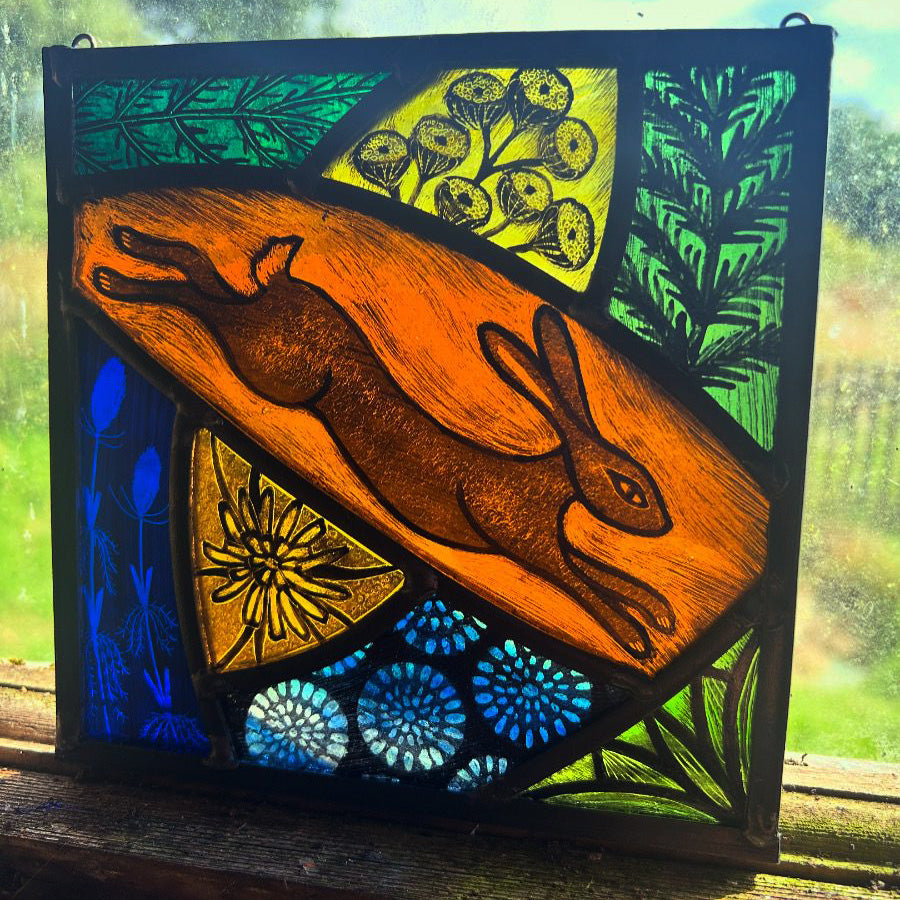 Leaping Hare and sun Stained Glass Square, Medium