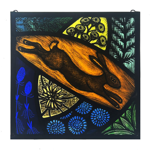 Leaping Hare and sun Stained Glass Square, Medium