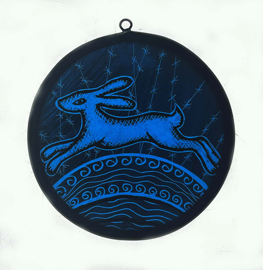 Leaping Hare Stained Glass Roundel-Aqua