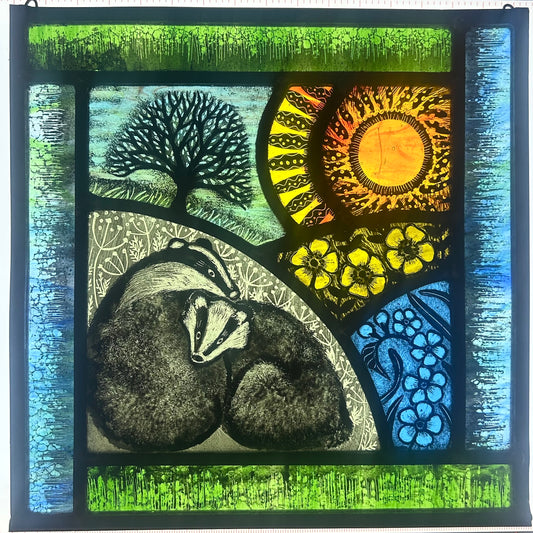 Badgers in Springtime Stained Glass Panel  Square, Large
