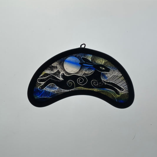 Leaping Black Hare ( Blue and Yellow) Stained Glass Miniature