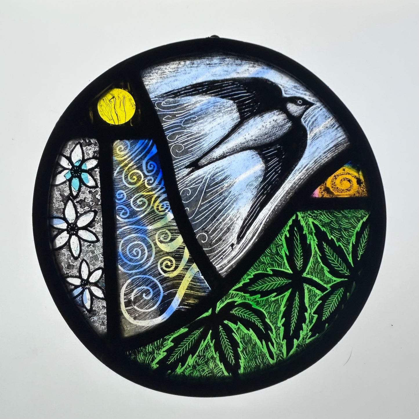 House Martin Flying Stained Glass Roundel, Medium