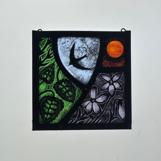 Swallow in flight, with Dog Violets, Stained Glass Panel Square, Small