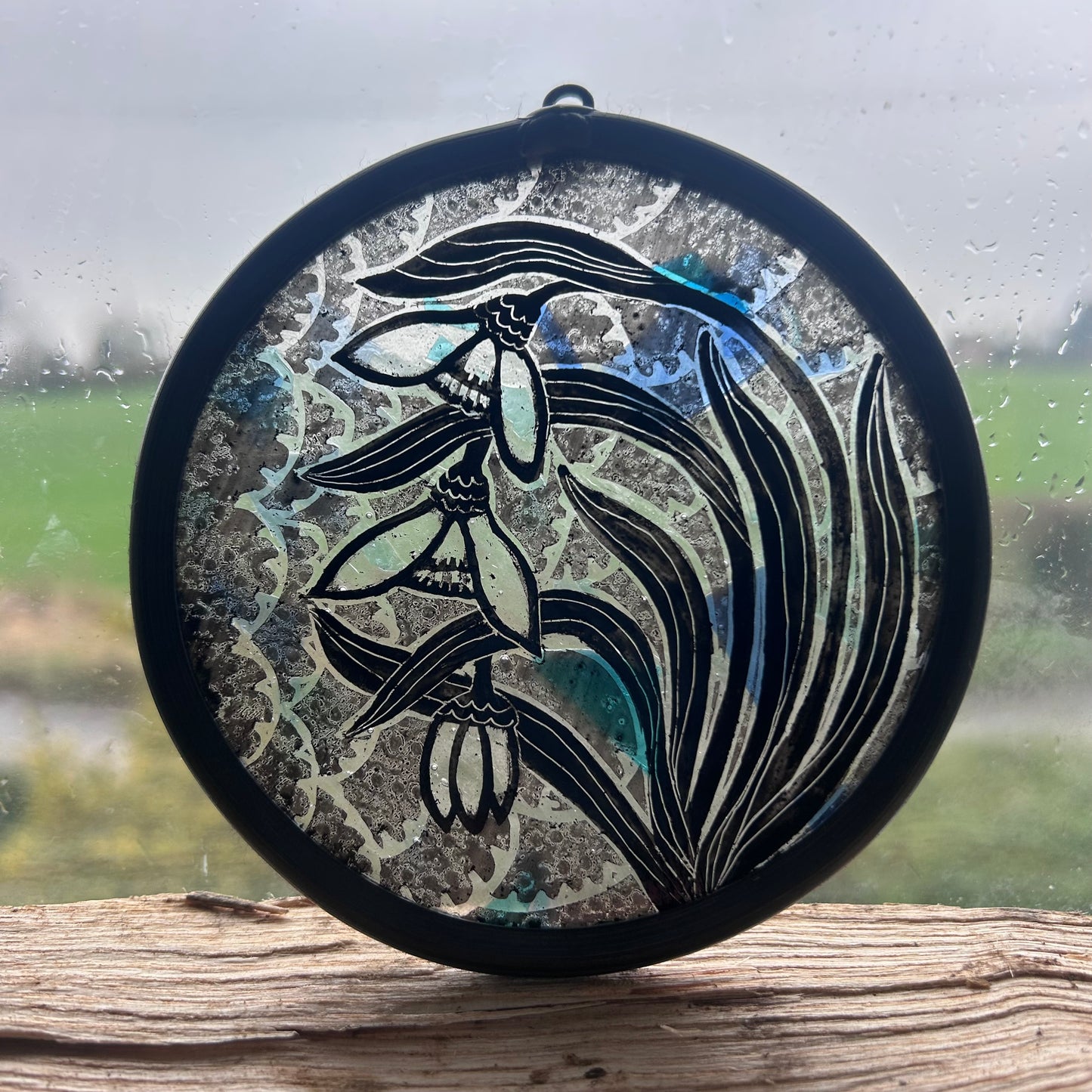 Snowdrops and Cloud pattern Stained Glass Roundel. Small