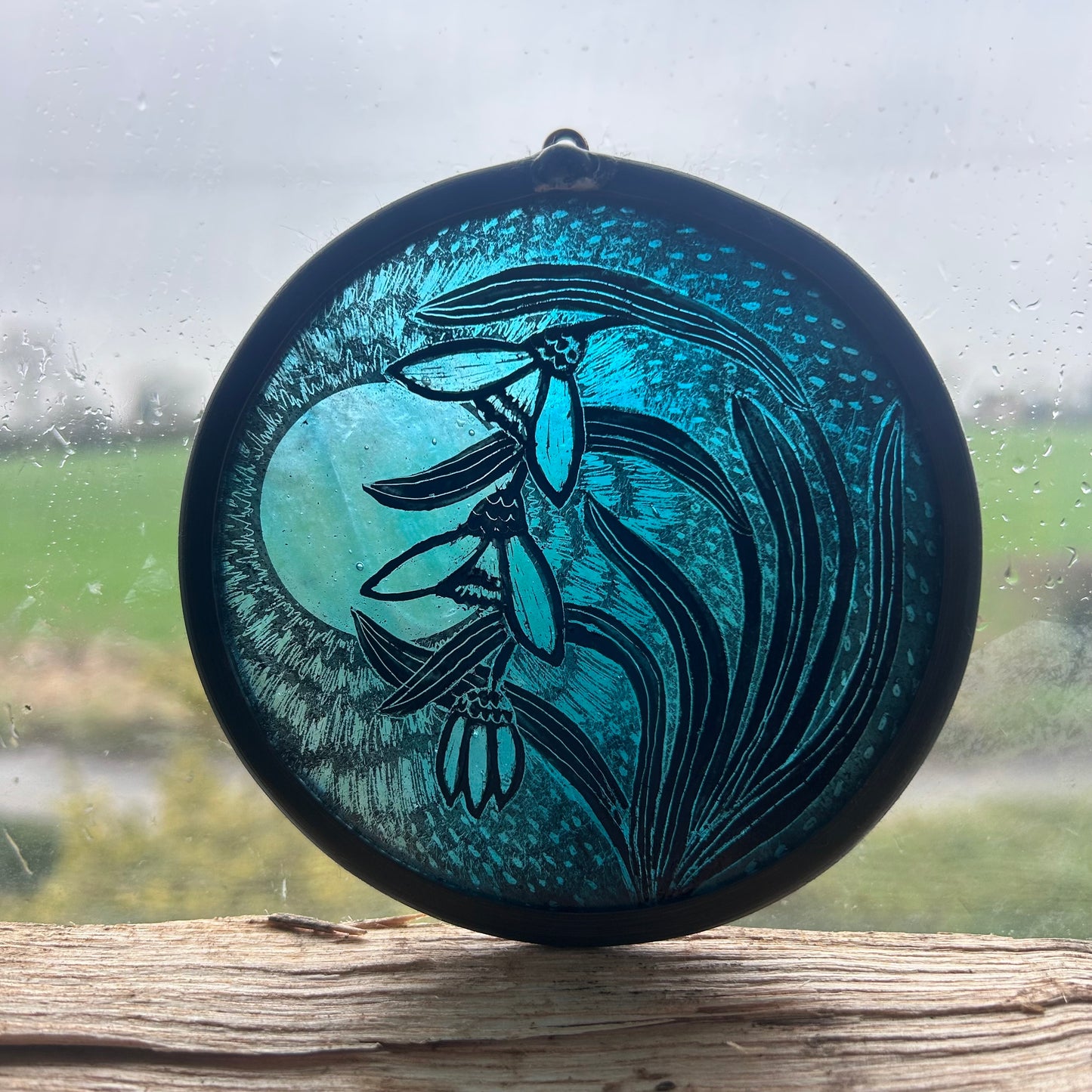Snowdrops and full moon Stained Glass Roundel. Small