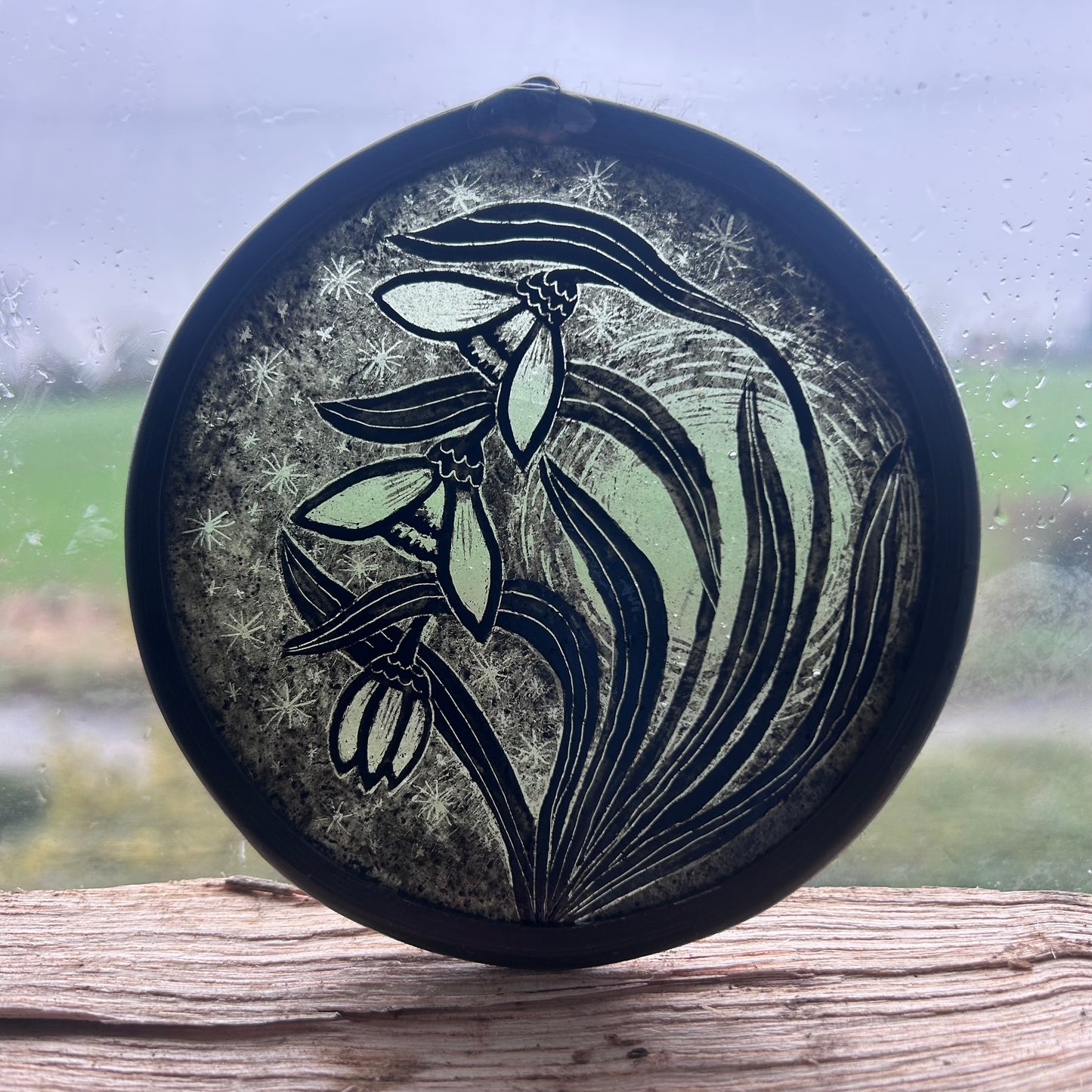 Snowdrops and full moon with Stars Stained Glass Roundel. Small