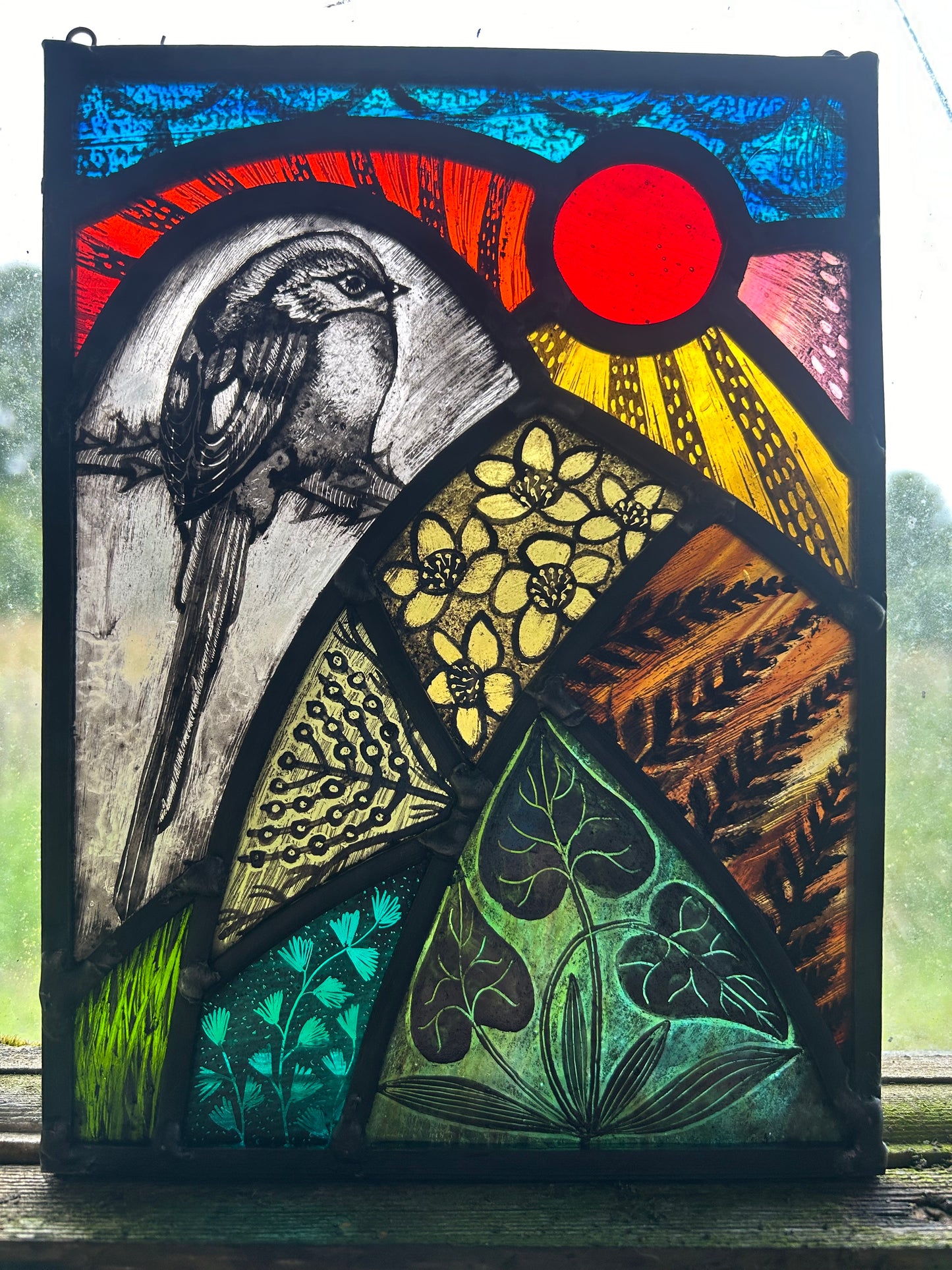 Long-Tailed Tit Stained Glass Panel Rectangle, Large