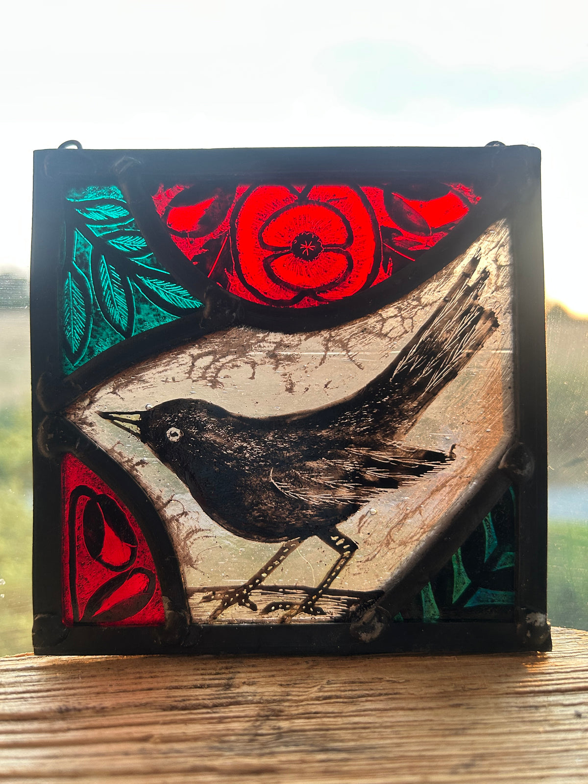 Blackbird and Poppies Stained Glass Panel Square, Small