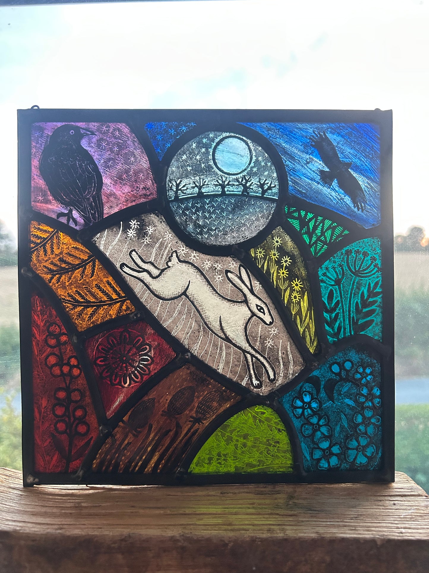 Leaping Moonlit Hare Scene Stained Glass Square, Large