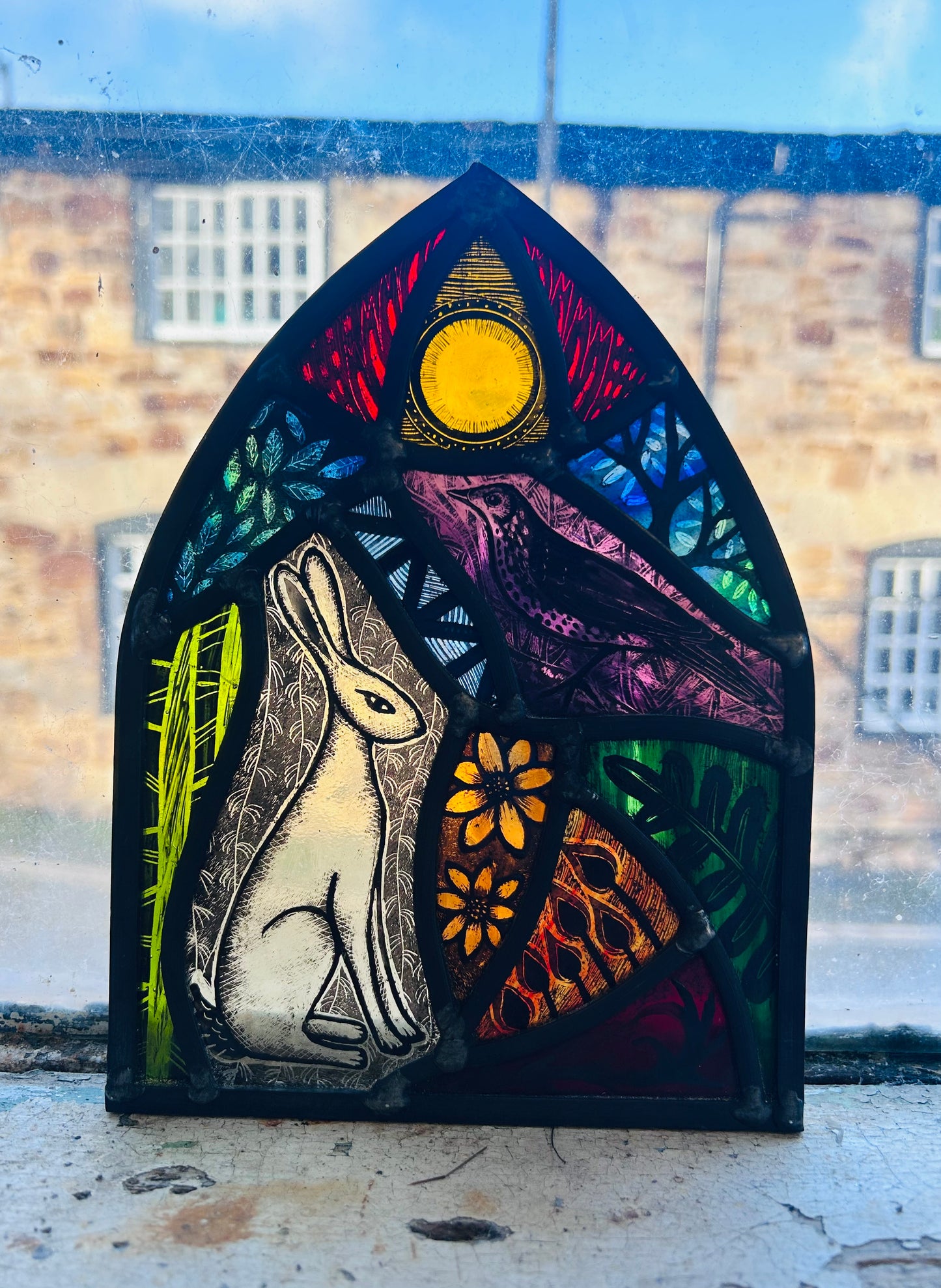 The Darkling Thrush and Hare Stained Glass Arch, Large