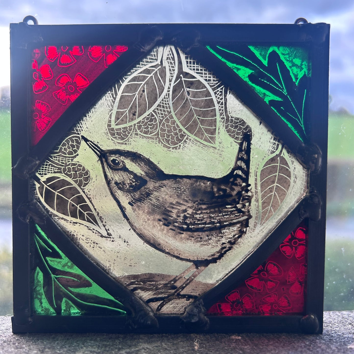 Wren and Flowers Stained Glass Panel Square, Small 2