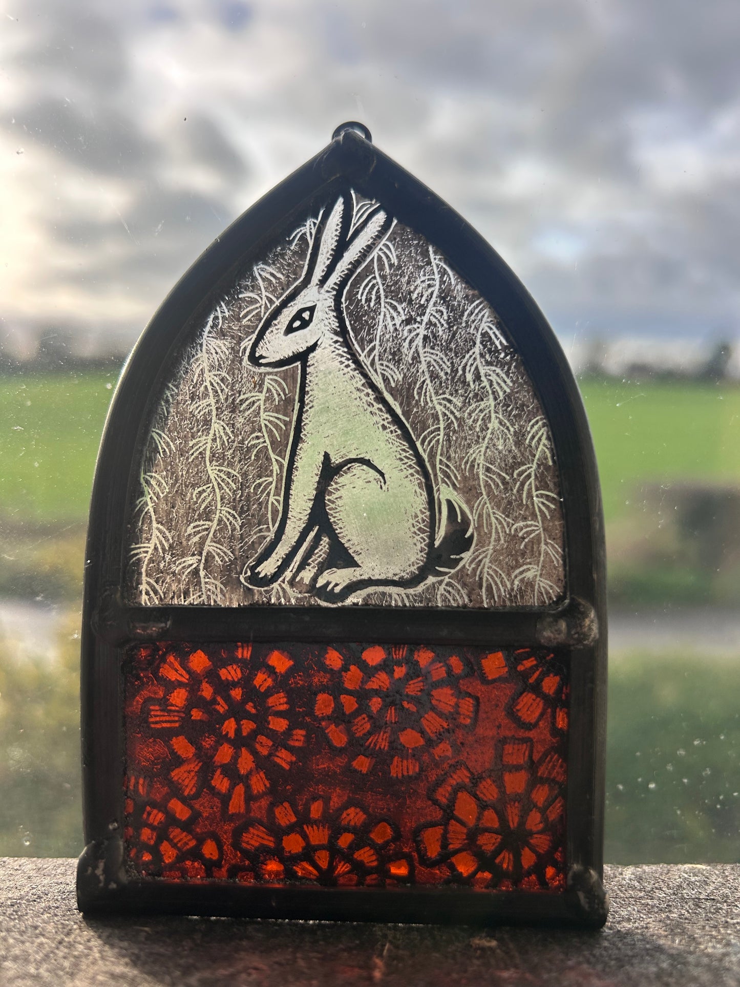 White Hare and Marigolds Stained Glass Arch, Small