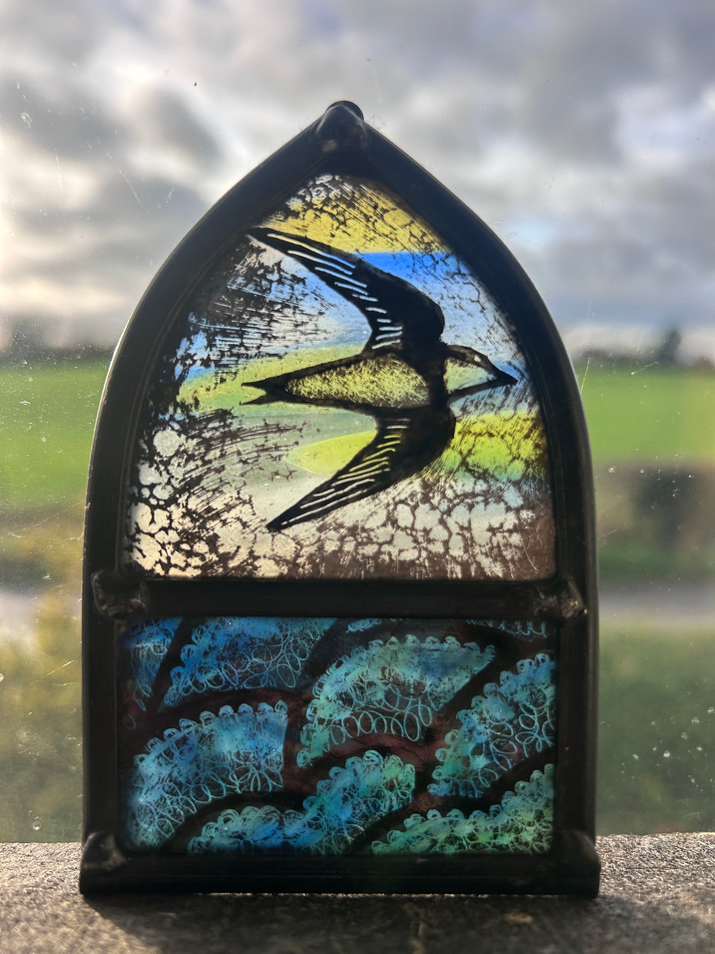 House Martin with Clouds Stained Glass Arch, Small