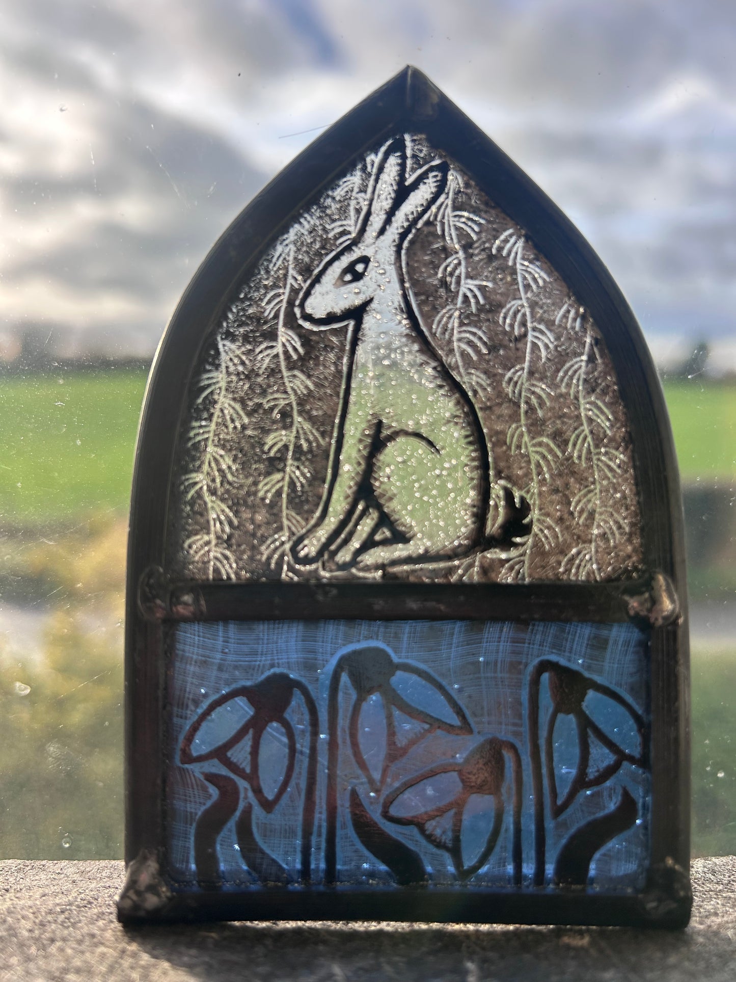 White Hare and Aqua Snowdrops Stained Glass Arch, Small