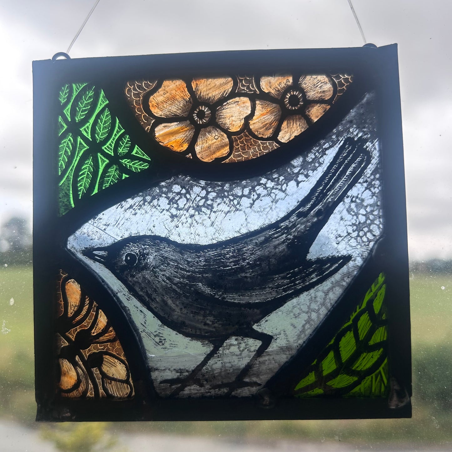 Blackbird and Flowers Stained Glass Panel Square, Small 2
