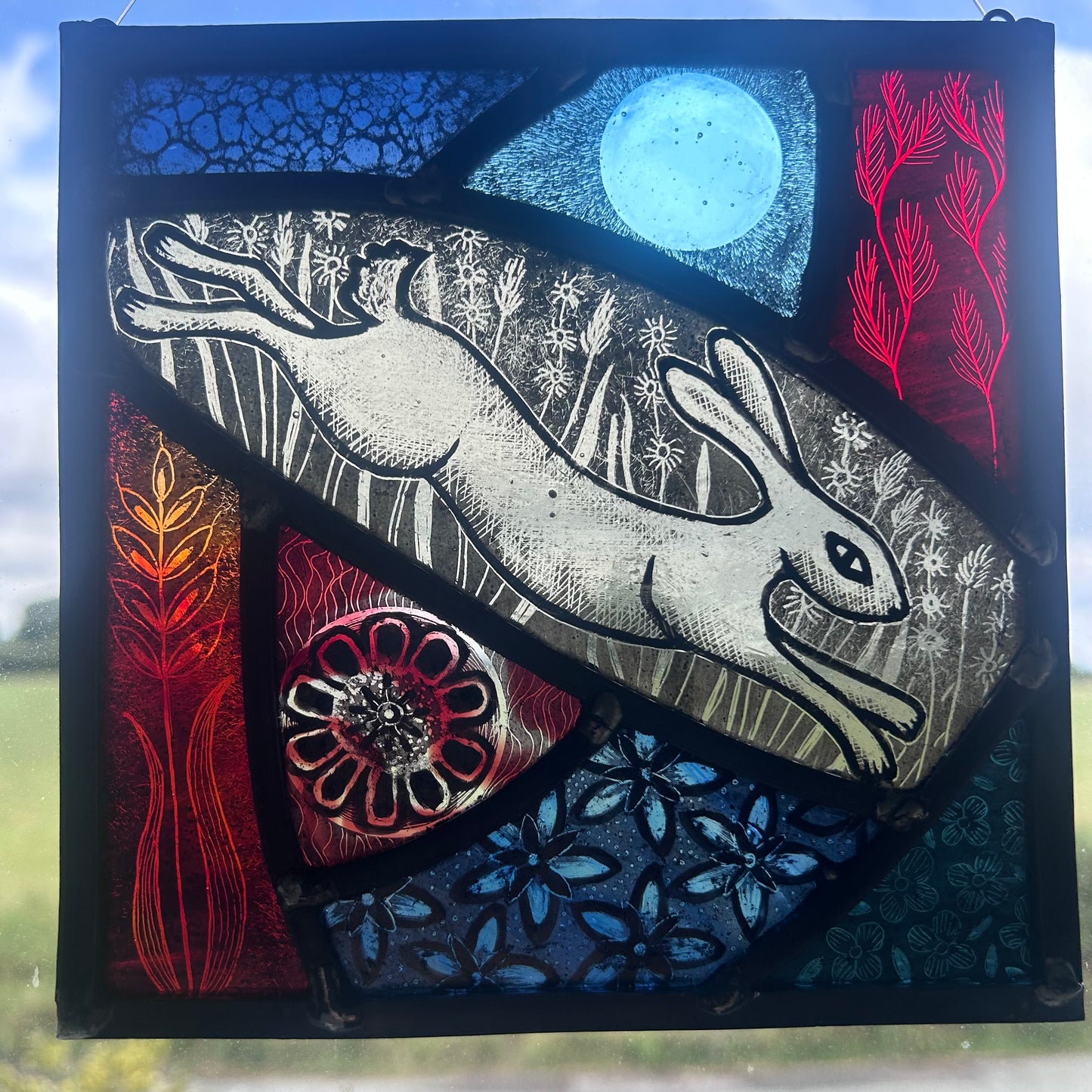 Leaping Hare and Moon Stained Glass Square, Medium