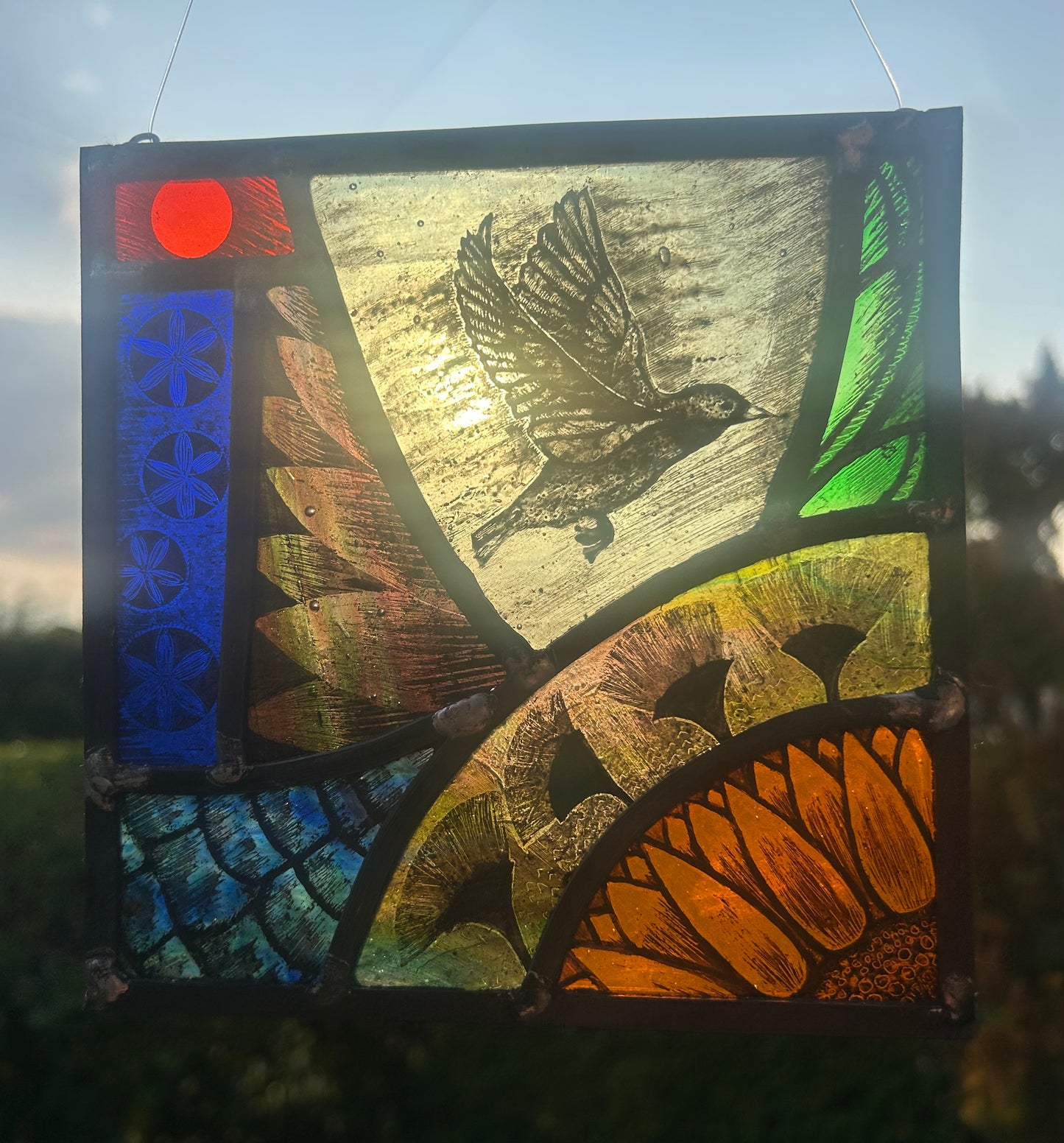 Starling in Flight Stained Glass Square, Medium