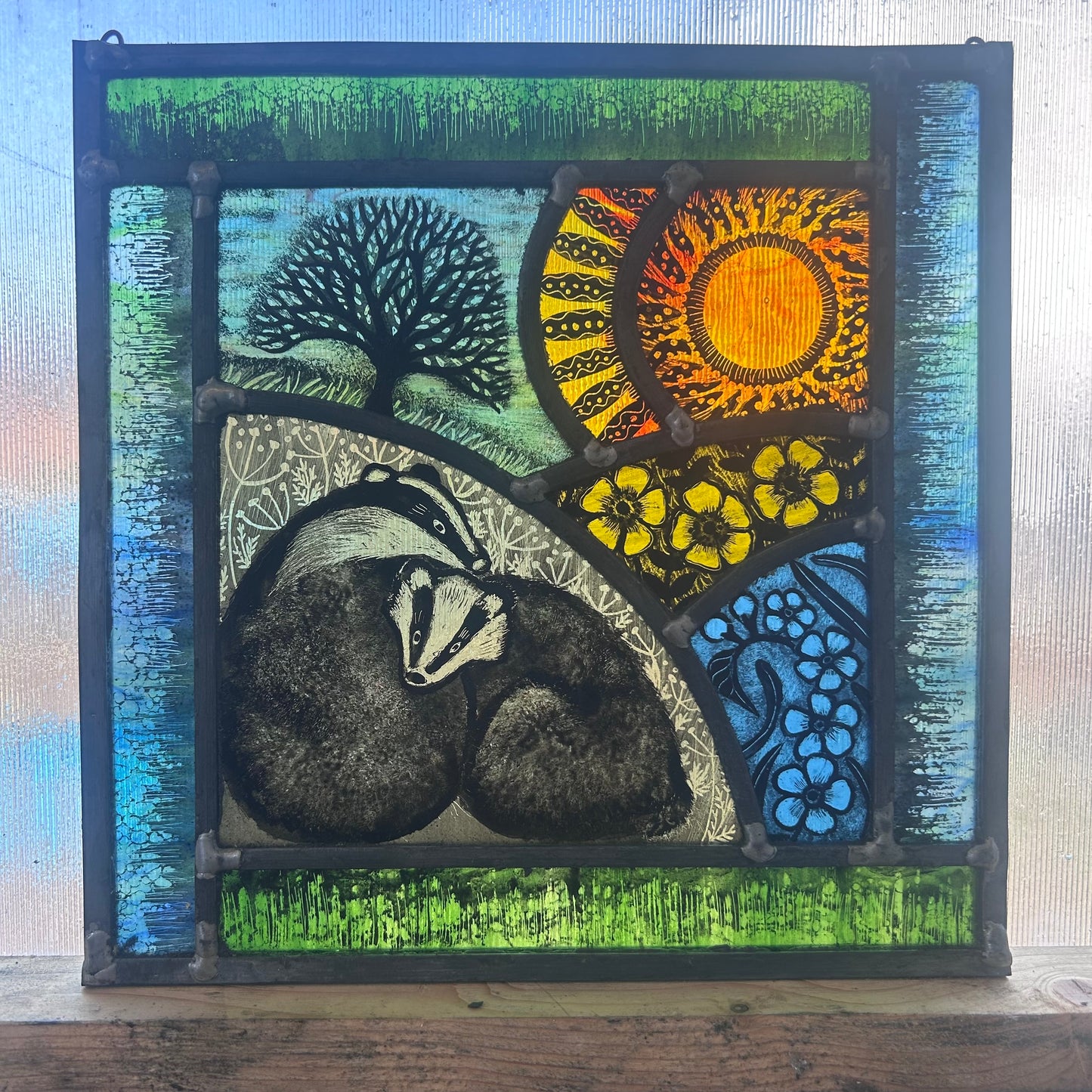 Badgers in Springtime Stained Glass Panel  Square, Large