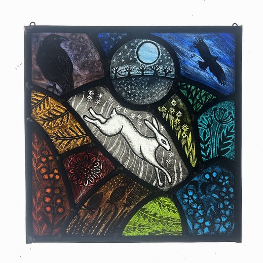 Leaping Moonlit Hare Scene Stained Glass Square, Large