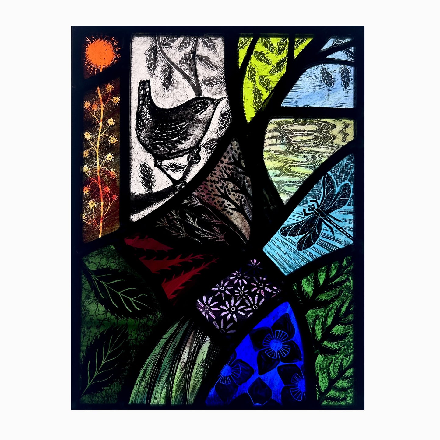 Wren and Dragonfly Stained Glass Panel, Rectangle