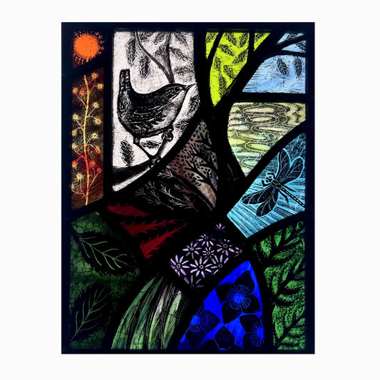 Wren and Dragonfly Stained Glass Panel, Rectangle