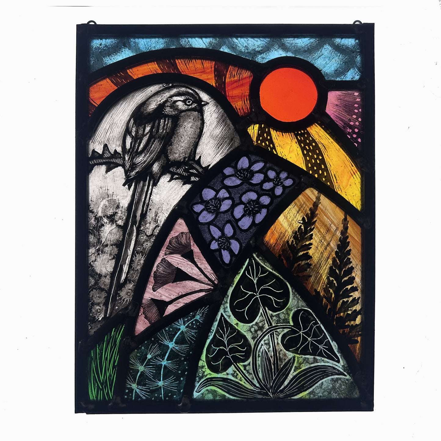 Long-Tailed Tit Stained Glass Panel Rectangle, Large