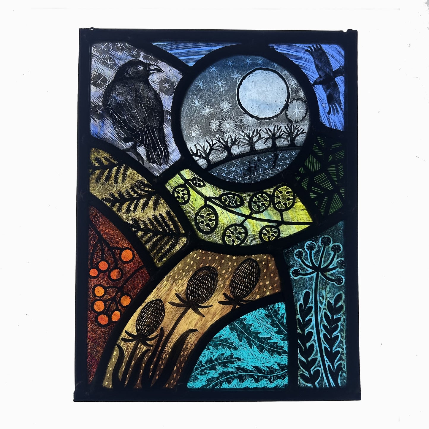 Raven and Moon Stained Glass Panel Rectangle, Large