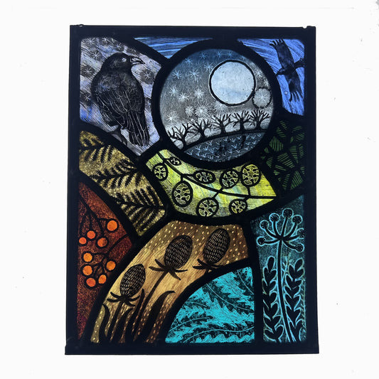 Raven and Moon Stained Glass Panel Rectangle, Large