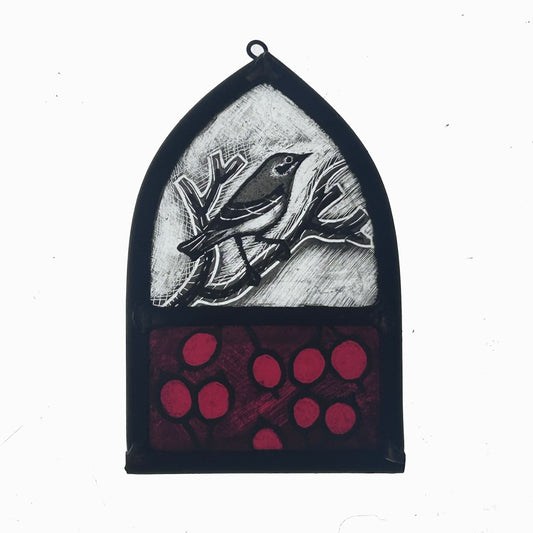 Black-eared Wheatear and Berries Stained Glass Arch, Small